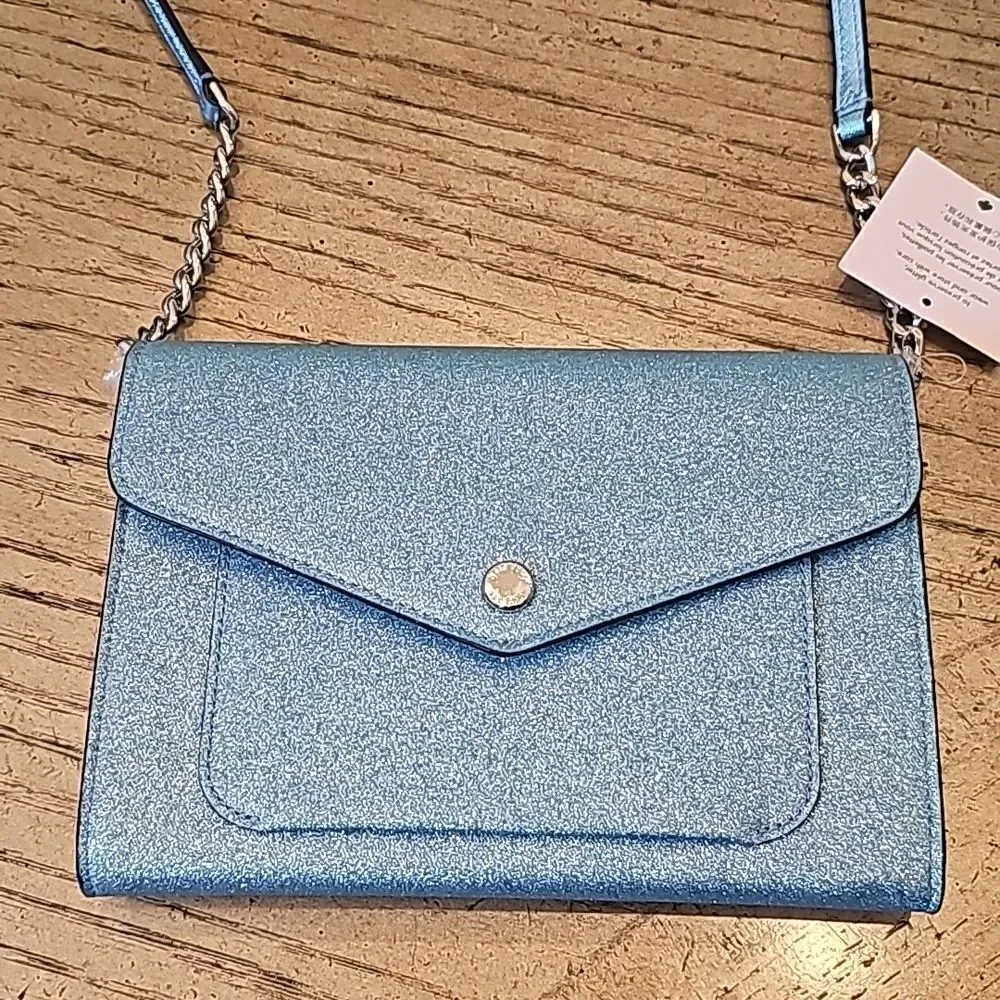 Kate Spade tinsel flap crossbody sparkly blue bag NWT